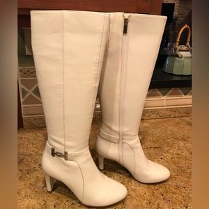Bandolino 7 1/2 winter white leather 15” boot with 3” heel.